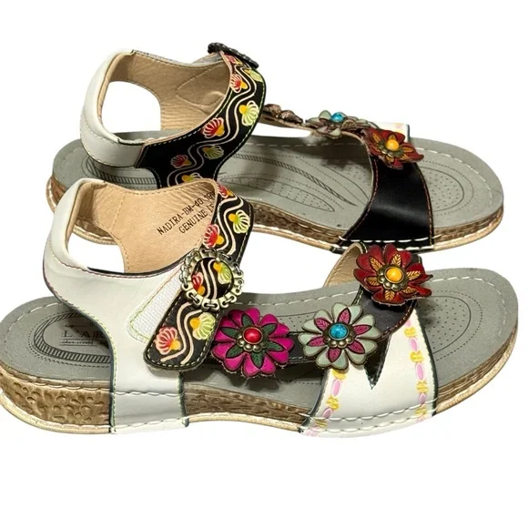 L'ARTISTE Nadira Genuine Leather Floral Embellished Strappy Comfortable Sandal - Picture 5 of 13